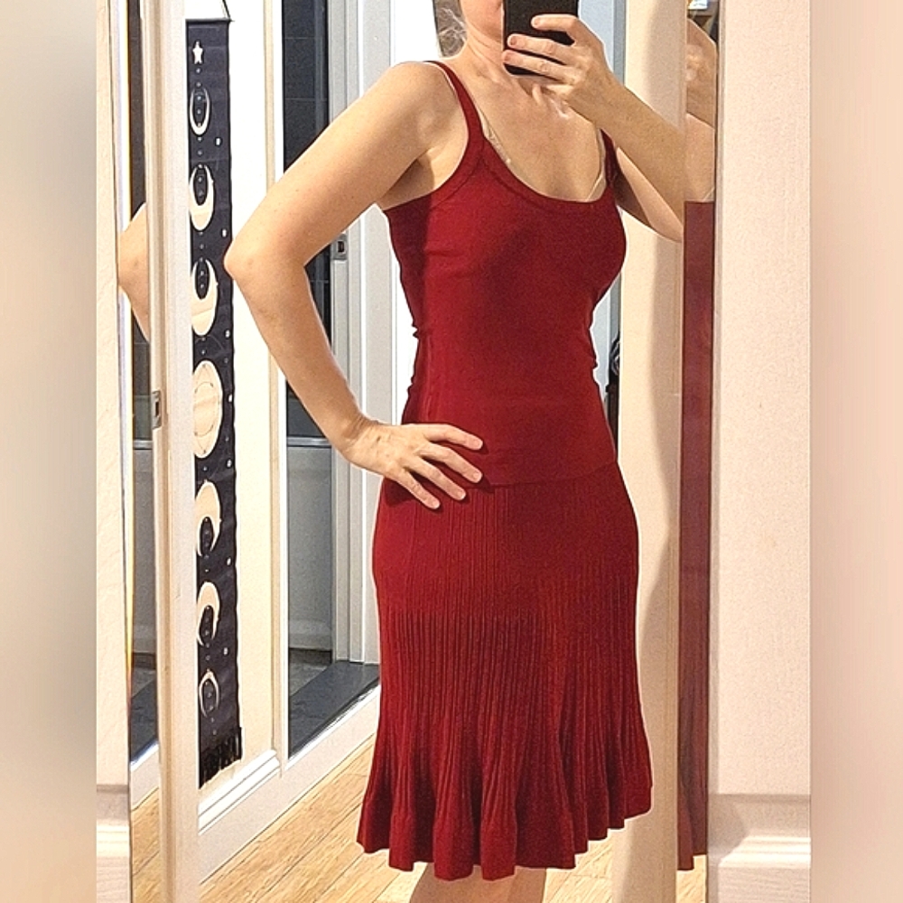 DONNA KARAN | Red Knit Top and Matching Skirt